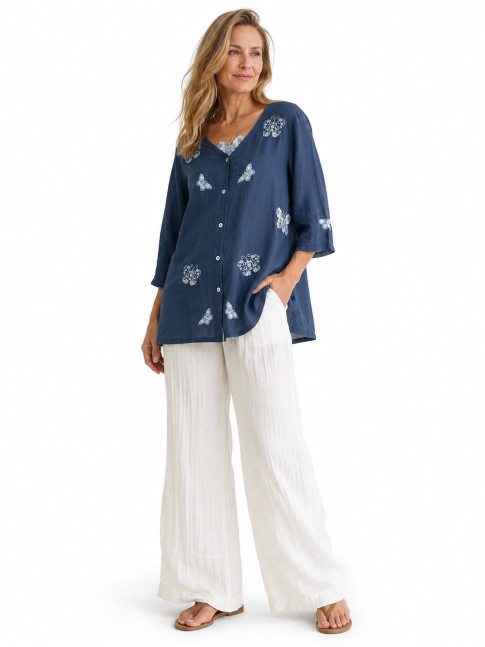 APRIL CORNELL Blue Embroidered Butterfly‎ Cotton Tunic Blouse L Boho Cottagecore